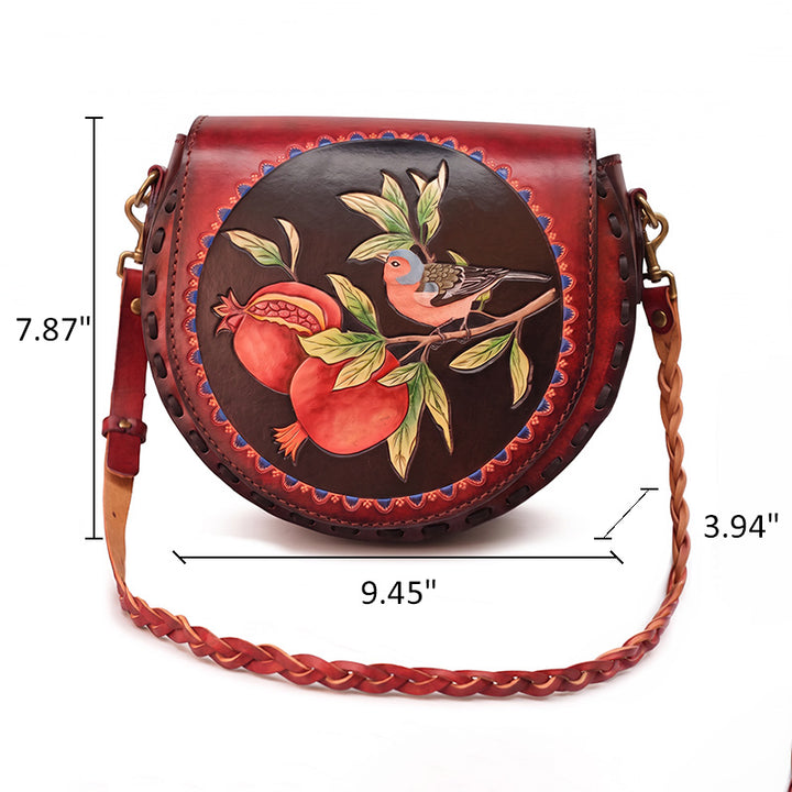 Hand-Carved Leather Saddle Bag Bird &amp; Pomegranate Vintage Crossbody