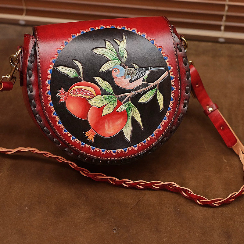 Hand-Carved Leather Saddle Bag Bird &amp; Pomegranate Vintage Crossbody
