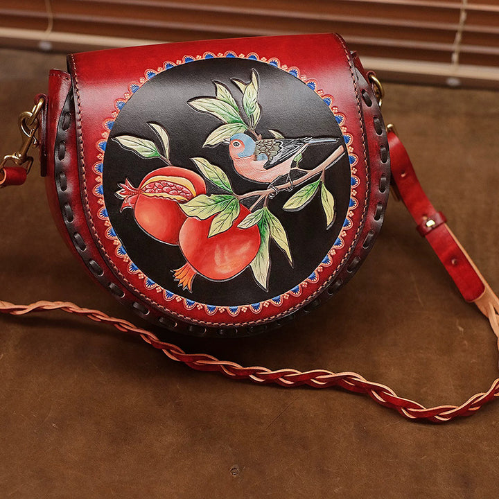 Hand-Carved Leather Saddle Bag Bird &amp; Pomegranate Vintage Crossbody