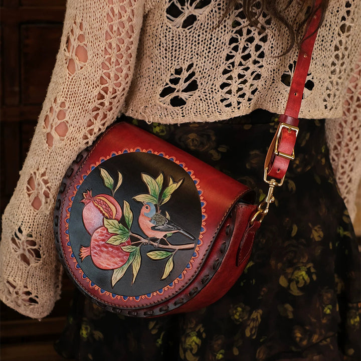 Hand-Carved Leather Saddle Bag Bird &amp; Pomegranate Vintage Crossbody