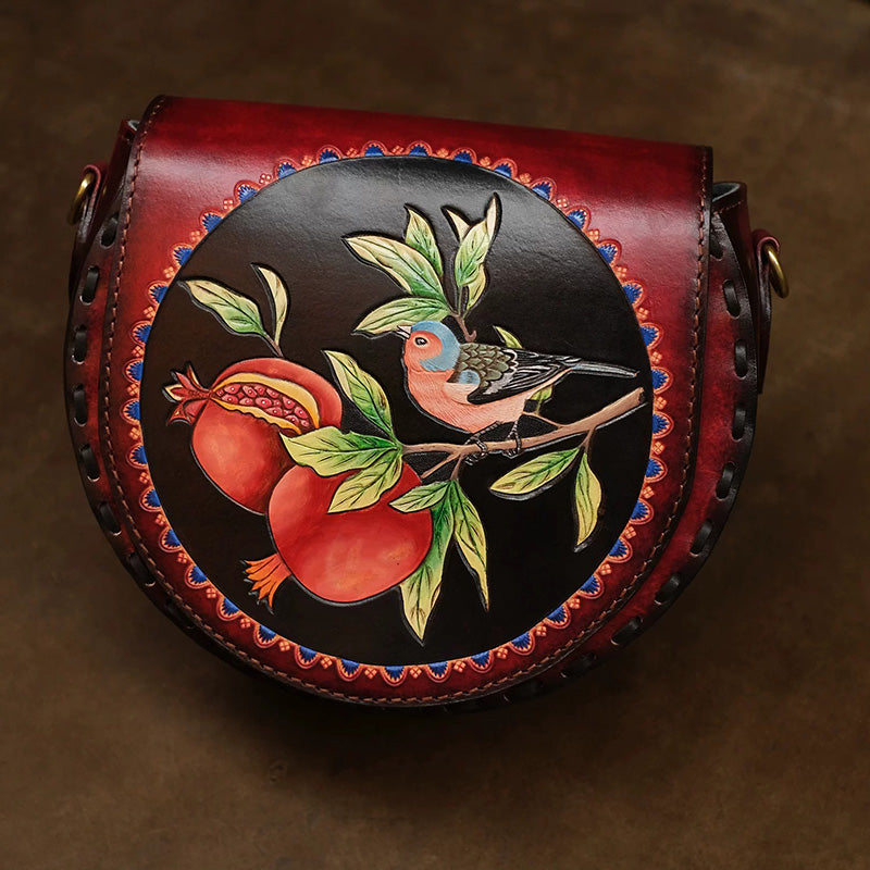 Hand-Carved Leather Saddle Bag Bird &amp; Pomegranate Vintage Crossbody
