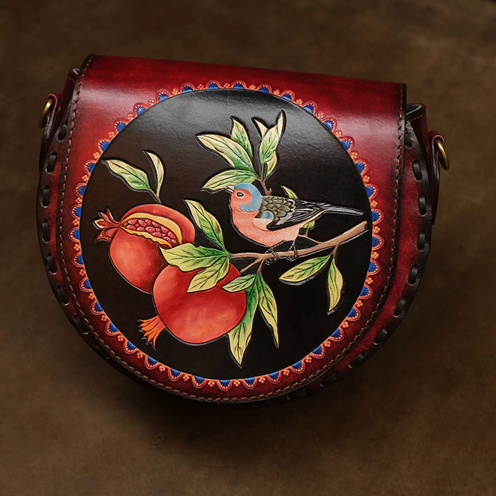 Hand-Carved Leather Saddle Bag Bird &amp; Pomegranate Vintage Crossbody