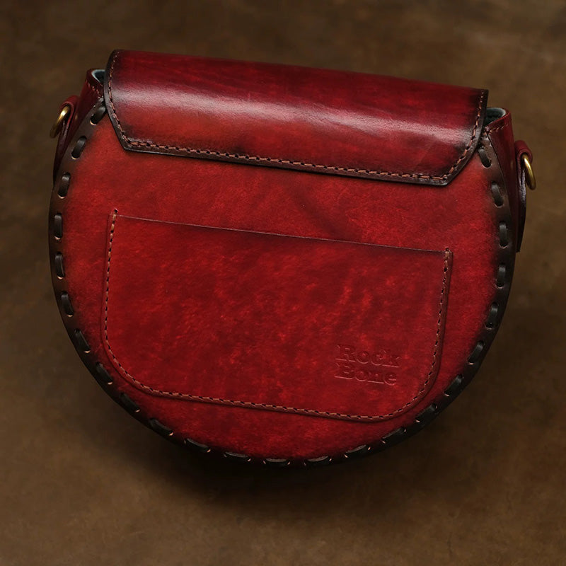 Hand-Carved Leather Saddle Bag Bird &amp; Pomegranate Vintage Crossbody