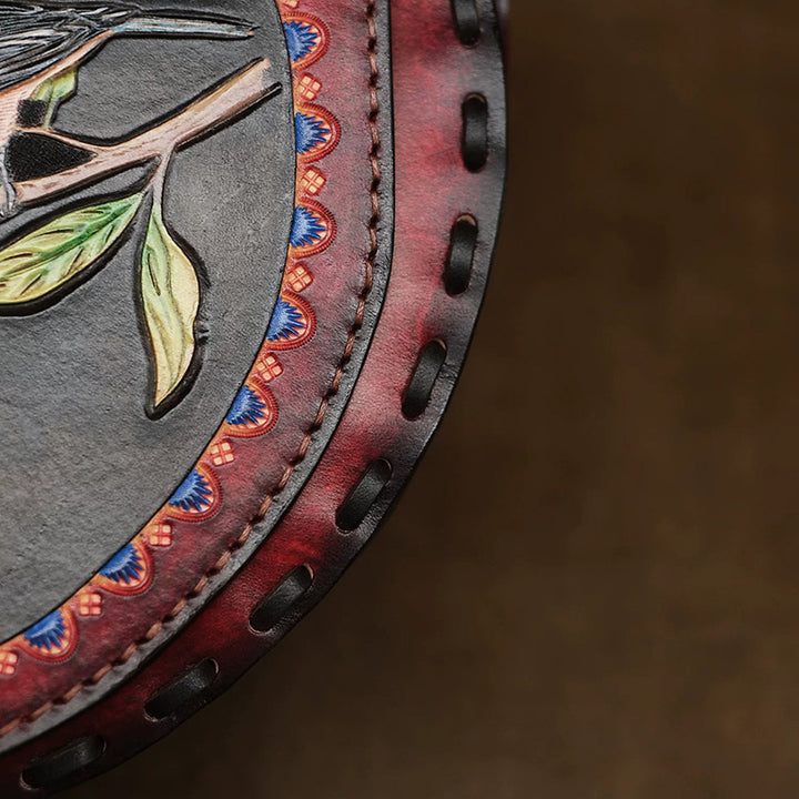 Hand-Carved Leather Saddle Bag Bird &amp; Pomegranate Vintage Crossbody