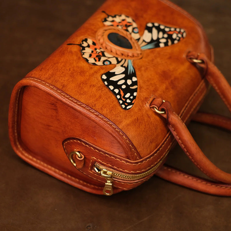 Hand-Carved Leather Boston Bag Butterfly &amp; Labradorite Crossbody
