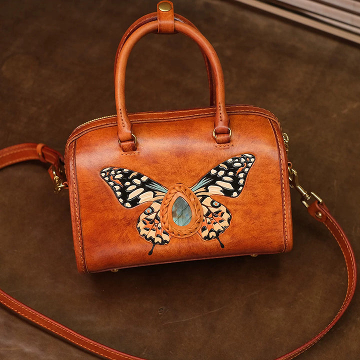 Hand-Carved Leather Boston Bag Butterfly &amp; Labradorite Crossbody
