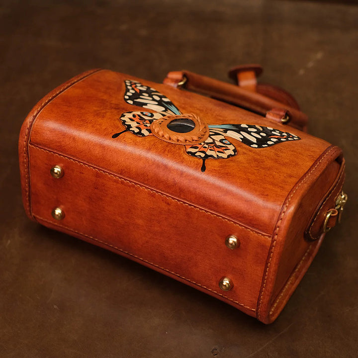 Hand-Carved Leather Boston Bag Butterfly &amp; Labradorite Crossbody