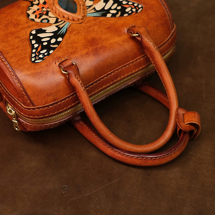 Hand-Carved Leather Boston Bag Butterfly &amp; Labradorite Crossbody