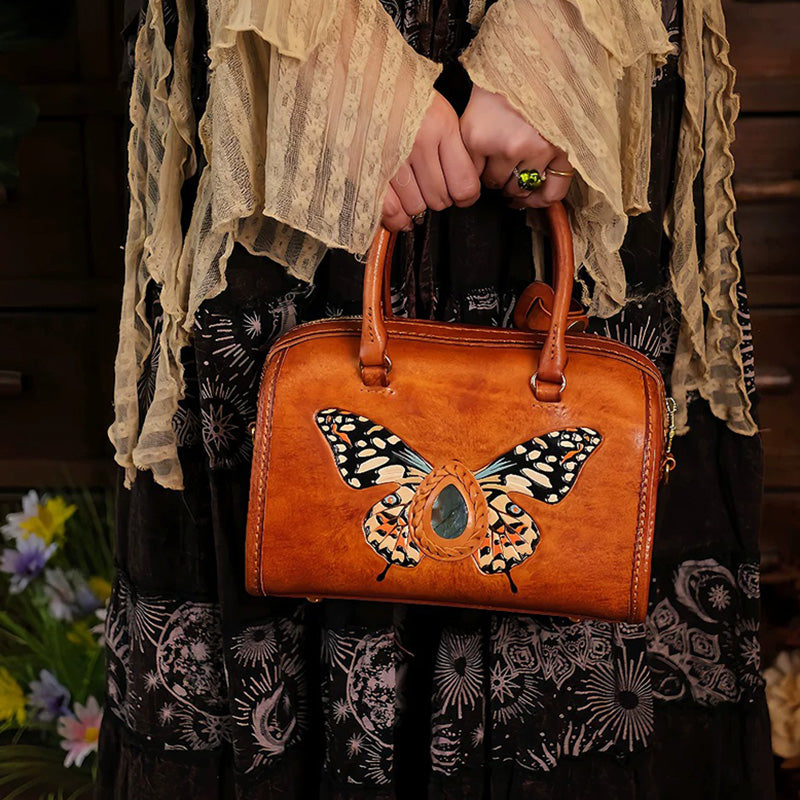 Hand-Carved Leather Boston Bag Butterfly &amp; Labradorite Crossbody