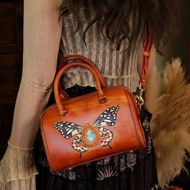 Hand-Carved Leather Boston Bag Butterfly &amp; Labradorite Crossbody
