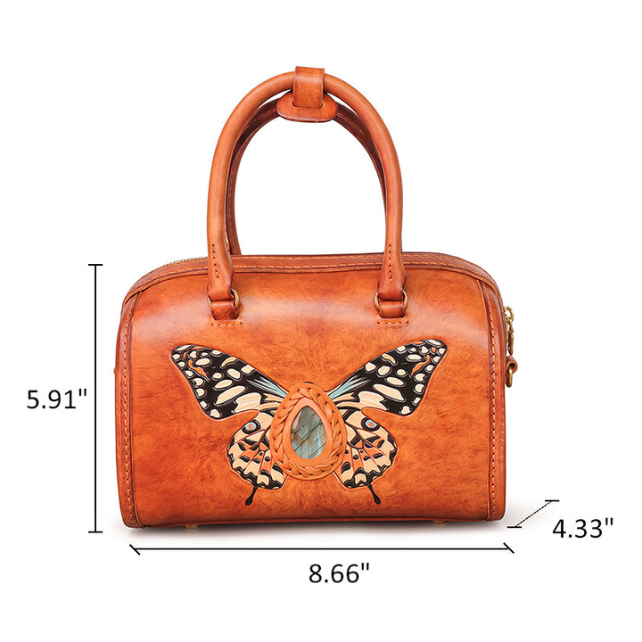 Hand-Carved Leather Boston Bag Butterfly &amp; Labradorite Crossbody