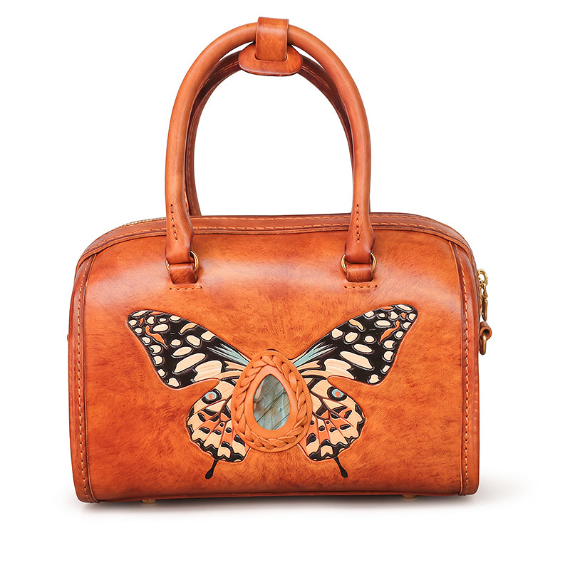 Hand-Carved Leather Boston Bag Butterfly &amp; Labradorite Crossbody