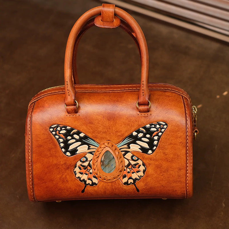 Hand-Carved Leather Boston Bag Butterfly &amp; Labradorite Crossbody