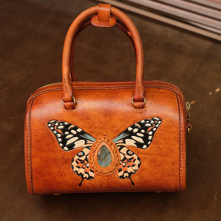 Hand-Carved Leather Boston Bag Butterfly &amp; Labradorite Crossbody