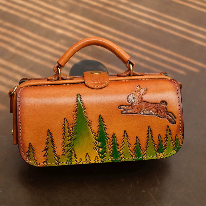 Doctor Bag Vegetable Tanned Leather Vintage Rabbit Carving