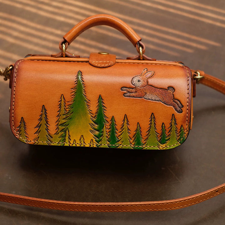 Doctor Bag Vegetable Tanned Leather Vintage Rabbit Carving