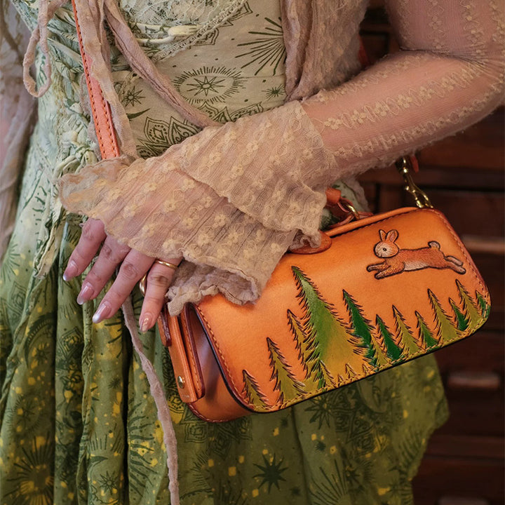 Doctor Bag Vegetable Tanned Leather Vintage Rabbit Carving