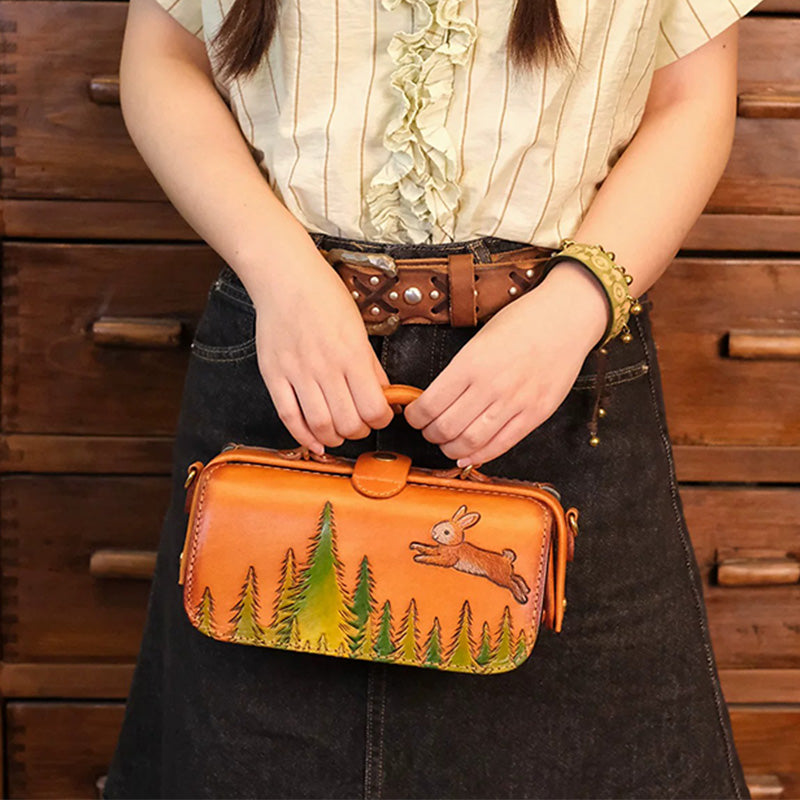 Doctor Bag Vegetable Tanned Leather Vintage Rabbit Carving