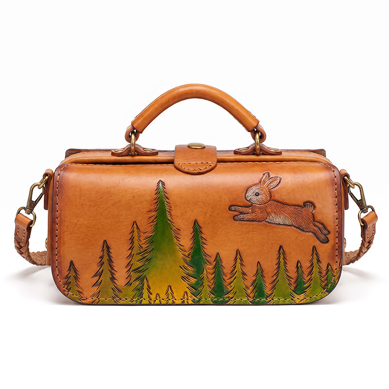 Doctor Bag Vegetable Tanned Leather Vintage Rabbit Carving