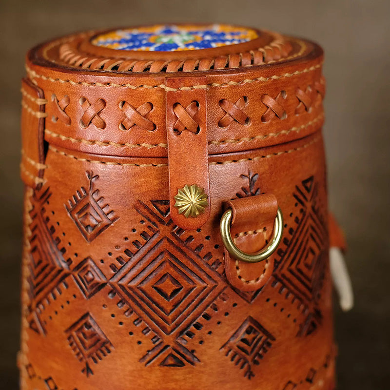 Cylinder Crossbody Bag Vegetable Tanned Leather Boho Geometric Antler Latch