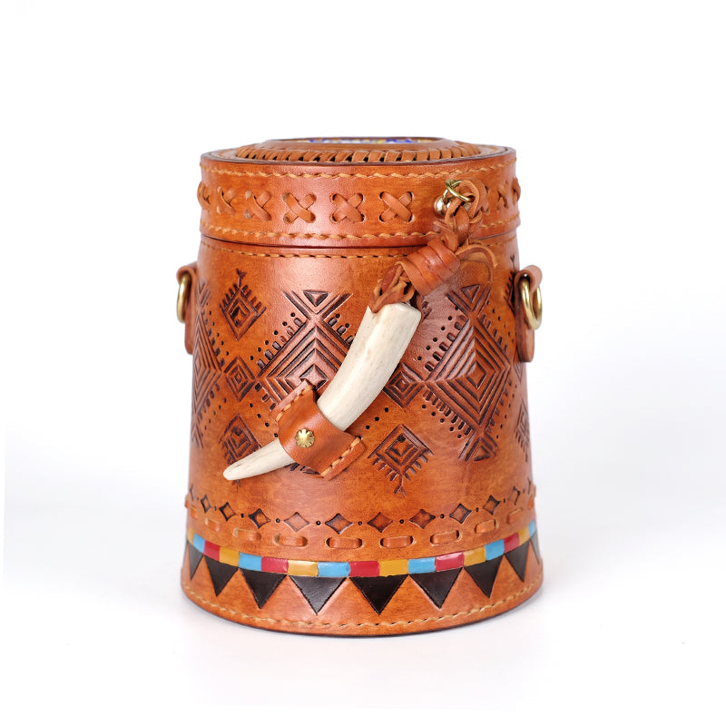 Cylinder Crossbody Bag Vegetable Tanned Leather Boho Geometric Antler Latch