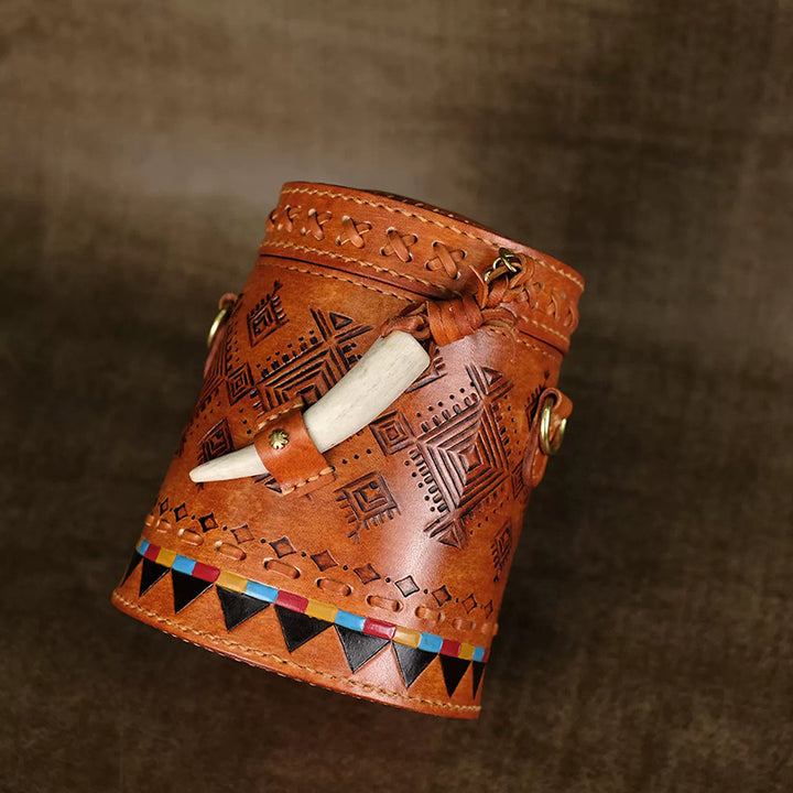 Cylinder Crossbody Bag Vegetable Tanned Leather Boho Geometric Antler Latch