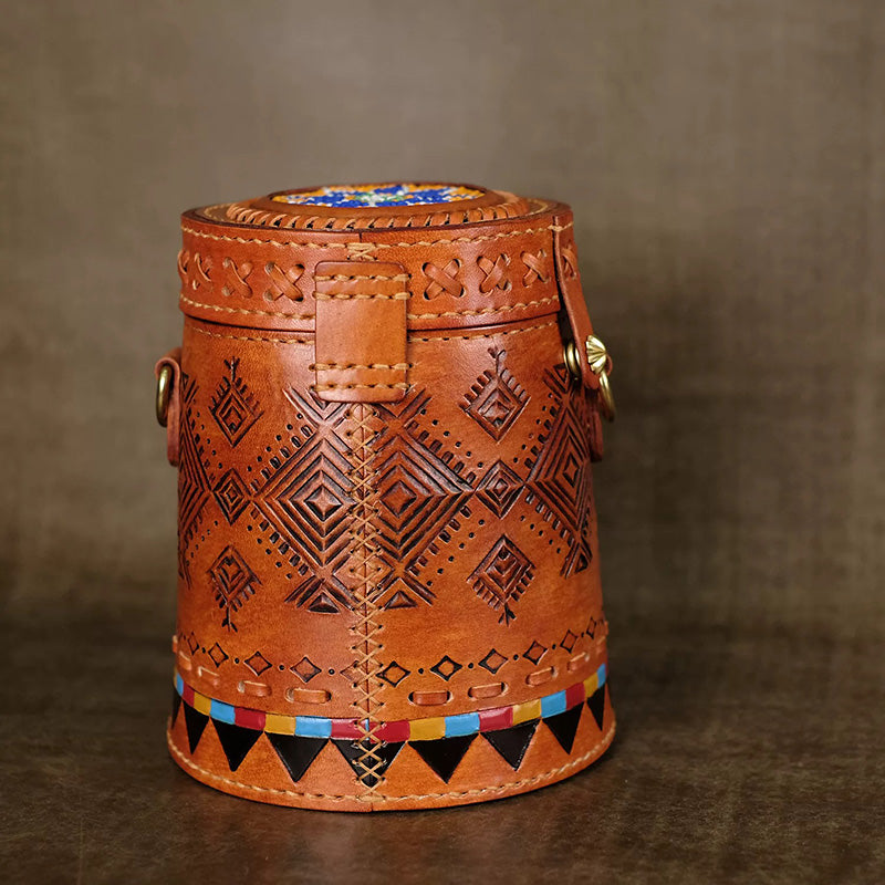 Cylinder Crossbody Bag Vegetable Tanned Leather Boho Geometric Antler Latch