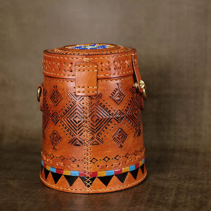 Cylinder Crossbody Bag Vegetable Tanned Leather Boho Geometric Antler Latch