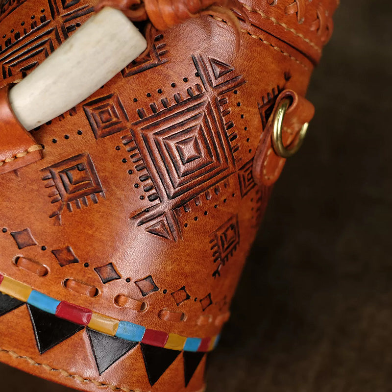Cylinder Crossbody Bag Vegetable Tanned Leather Boho Geometric Antler Latch