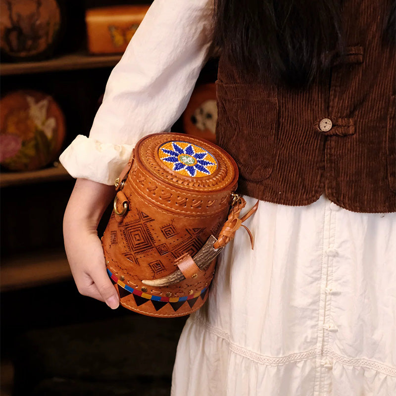 Cylinder Crossbody Bag Vegetable Tanned Leather Boho Geometric Antler Latch