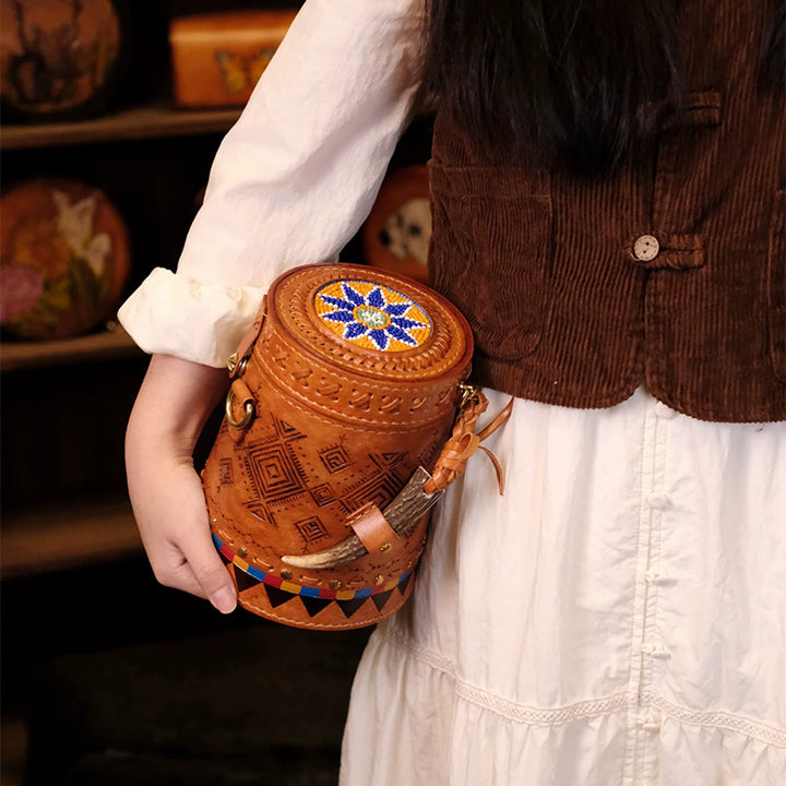 Cylinder Crossbody Bag Vegetable Tanned Leather Boho Geometric Antler Latch