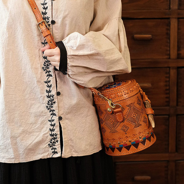 Cylinder Crossbody Bag Vegetable Tanned Leather Boho Geometric Antler Latch