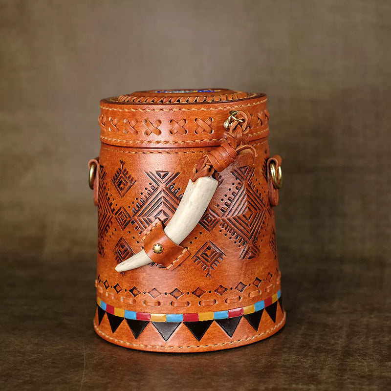 Cylinder Crossbody Bag Vegetable Tanned Leather Boho Geometric Antler Latch