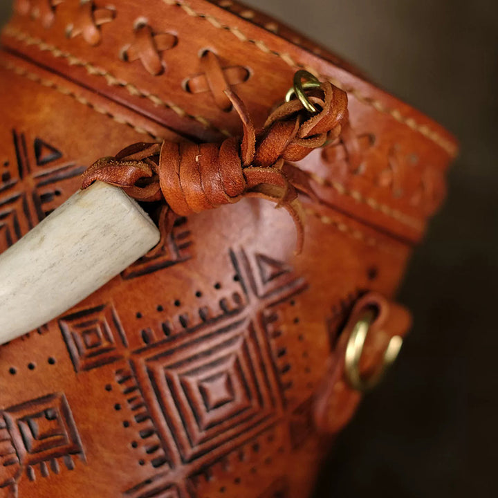 Cylinder Crossbody Bag Vegetable Tanned Leather Boho Geometric Antler Latch