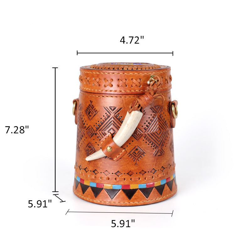 Cylinder Crossbody Bag Vegetable Tanned Leather Boho Geometric Antler Latch