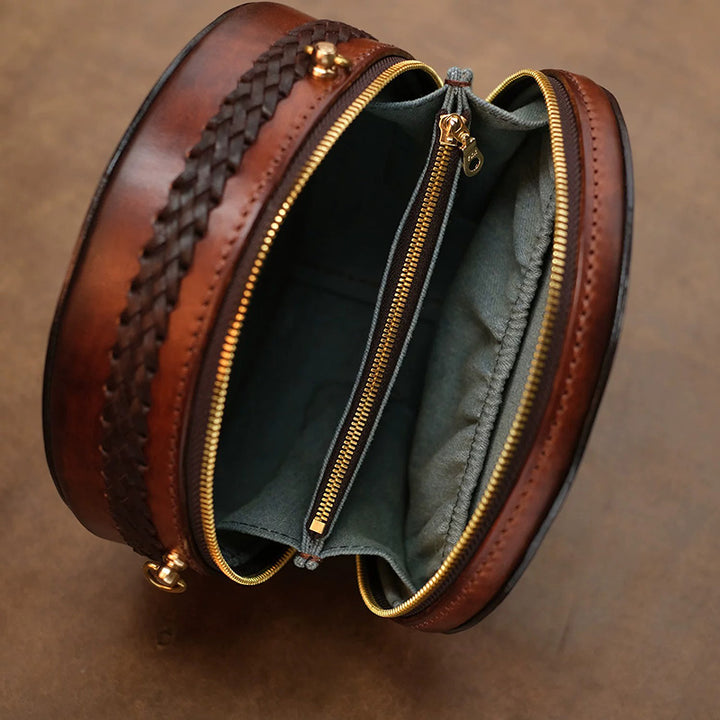Round Crossbody Bag Vegetable Tanned Leather Hand-Tooled Cat Small Zip Purse