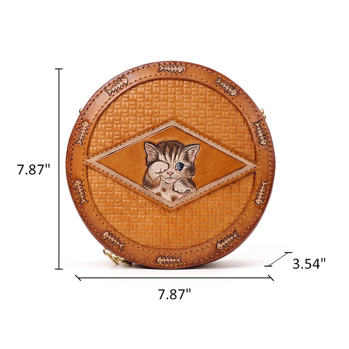 Round Crossbody Bag Vegetable Tanned Leather Hand-Tooled Cat Small Zip Purse