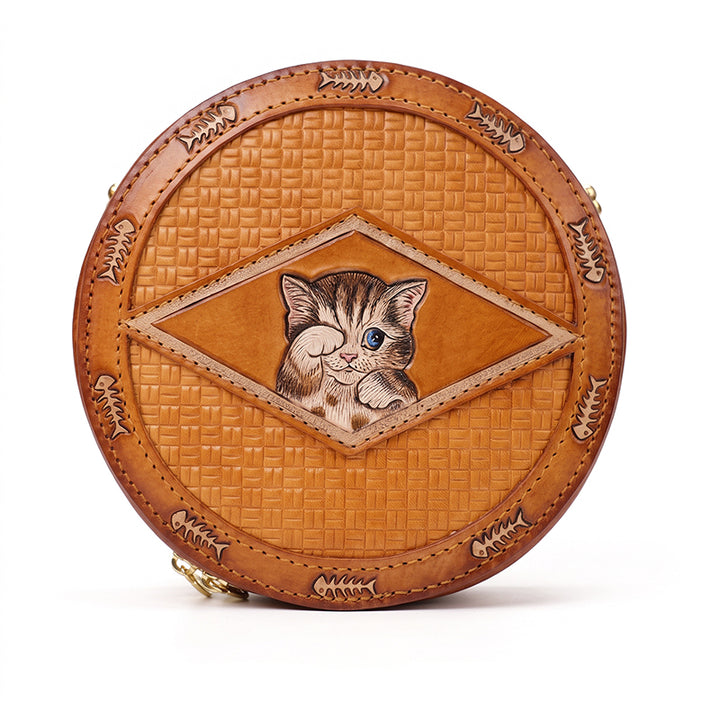 Round Crossbody Bag Vegetable Tanned Leather Hand-Tooled Cat Small Zip Purse