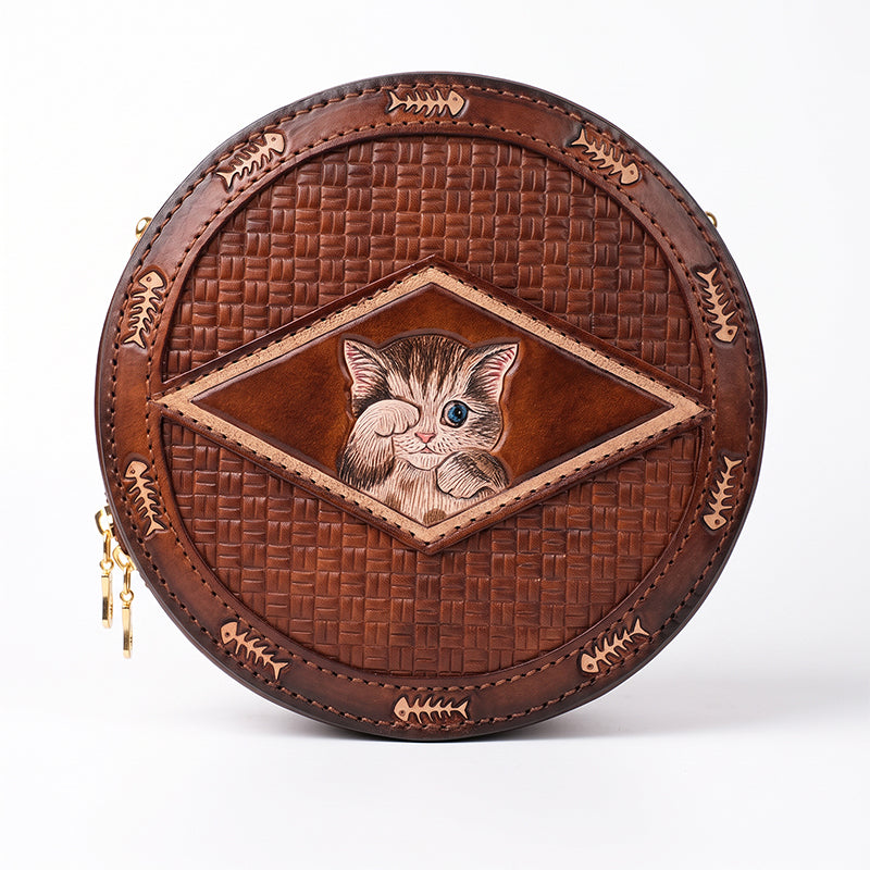 Round Crossbody Bag Vegetable Tanned Leather Hand-Tooled Cat Small Zip Purse