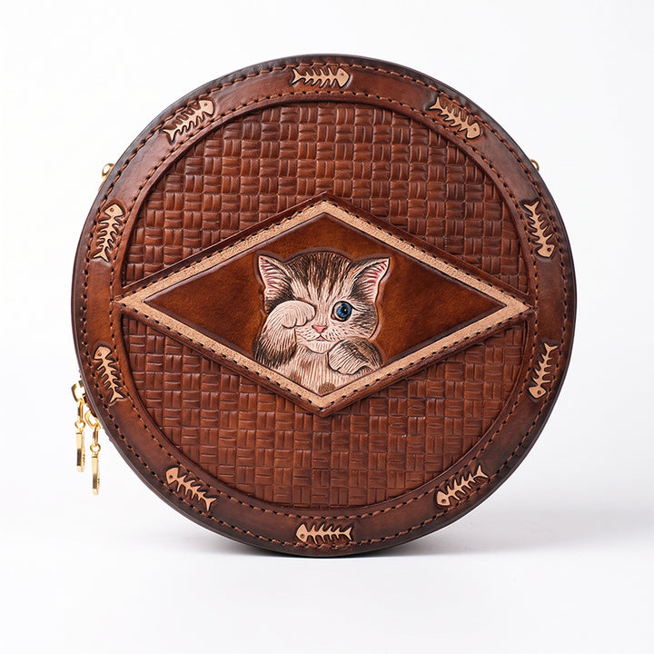 Round Crossbody Bag Vegetable Tanned Leather Hand-Tooled Cat Small Zip Purse