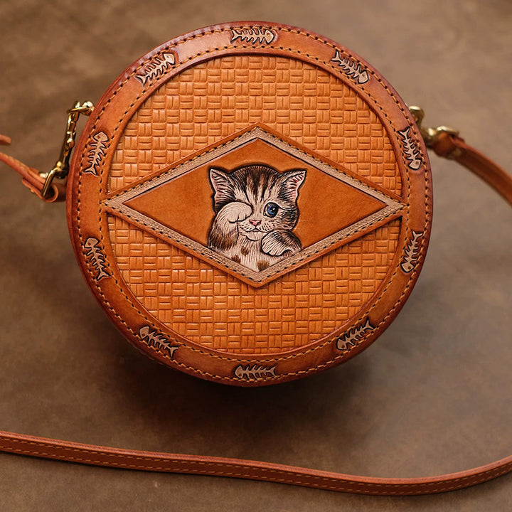 Round Crossbody Bag Vegetable Tanned Leather Hand-Tooled Cat Small Zip Purse