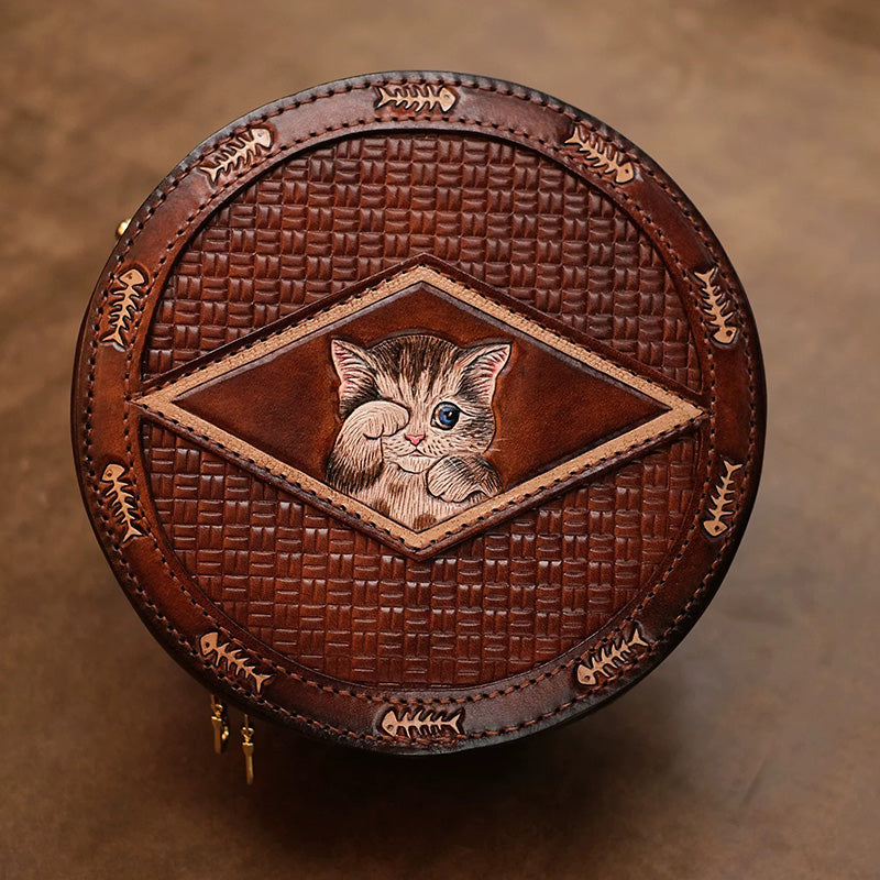 Round Crossbody Bag Vegetable Tanned Leather Hand-Tooled Cat Small Zip Purse