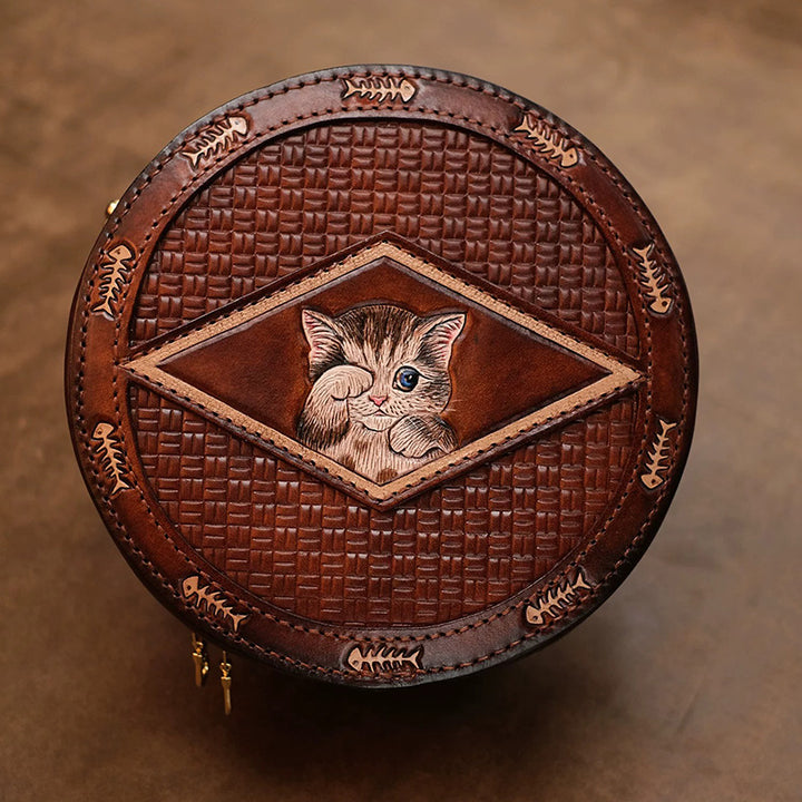Round Crossbody Bag Vegetable Tanned Leather Hand-Tooled Cat Small Zip Purse