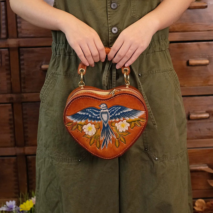 Heart Shaped Crossbody Bag Hand-Tooled Bluebird Floral Top-Handle Purse