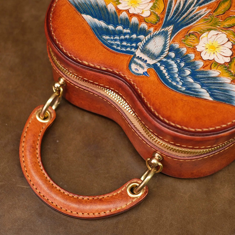Heart Shaped Crossbody Bag Hand-Tooled Bluebird Floral Top-Handle Purse