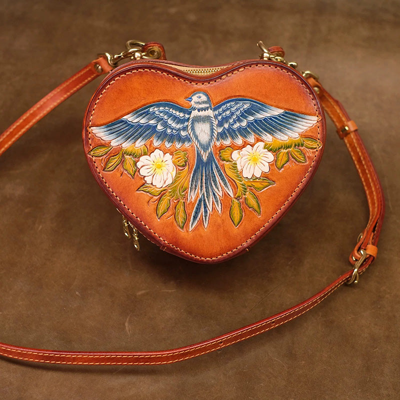 Heart Shaped Crossbody Bag Hand-Tooled Bluebird Floral Top-Handle Purse