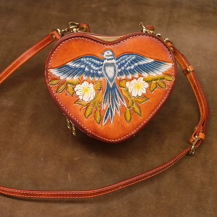 Heart Shaped Crossbody Bag Hand-Tooled Bluebird Floral Top-Handle Purse