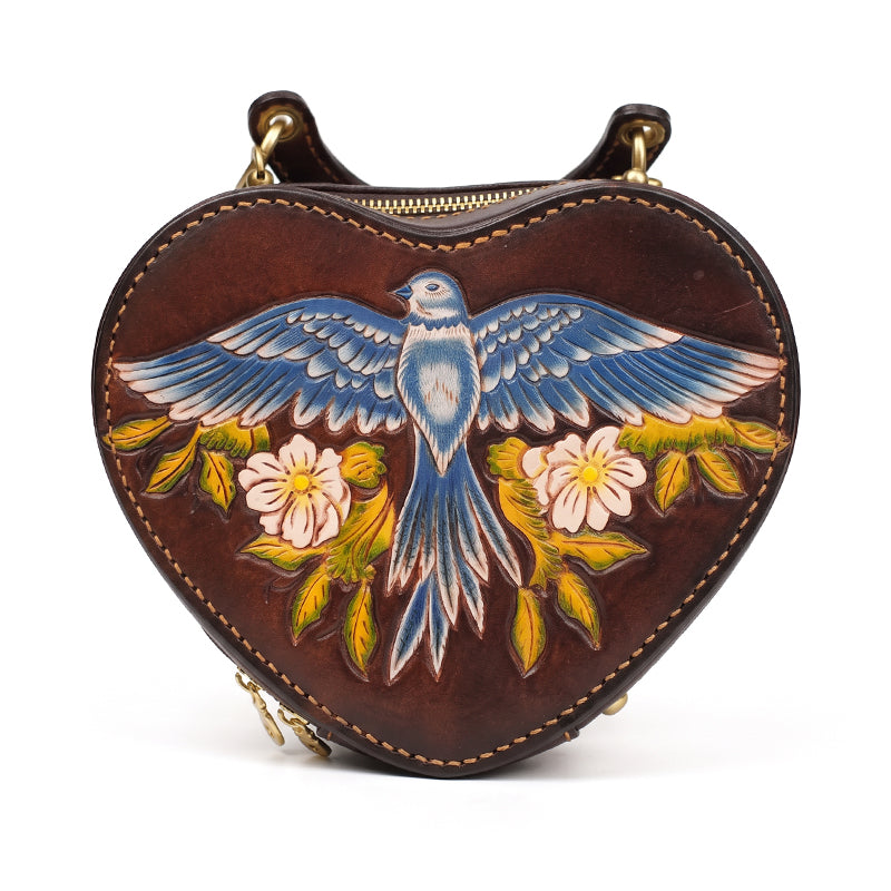 Heart Shaped Crossbody Bag Hand-Tooled Bluebird Floral Top-Handle Purse
