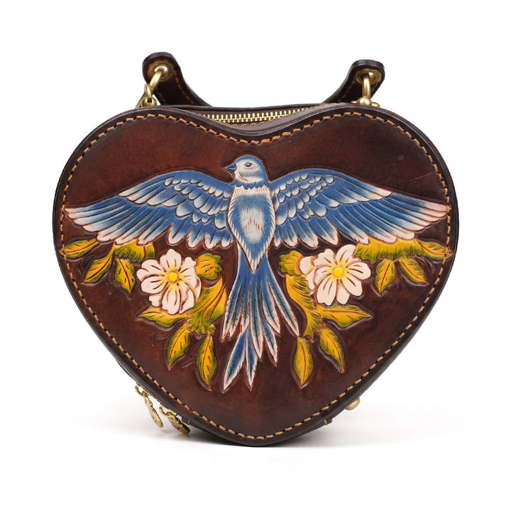 Heart Shaped Crossbody Bag Hand-Tooled Bluebird Floral Top-Handle Purse