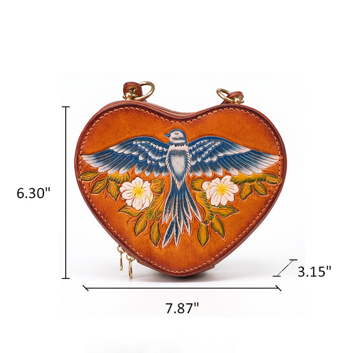 Heart Shaped Crossbody Bag Hand-Tooled Bluebird Floral Top-Handle Purse